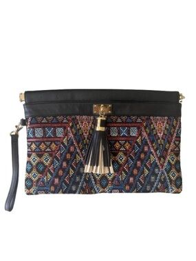 ALDO Oversized Black Multicolor Tassel Wristlet Clutch